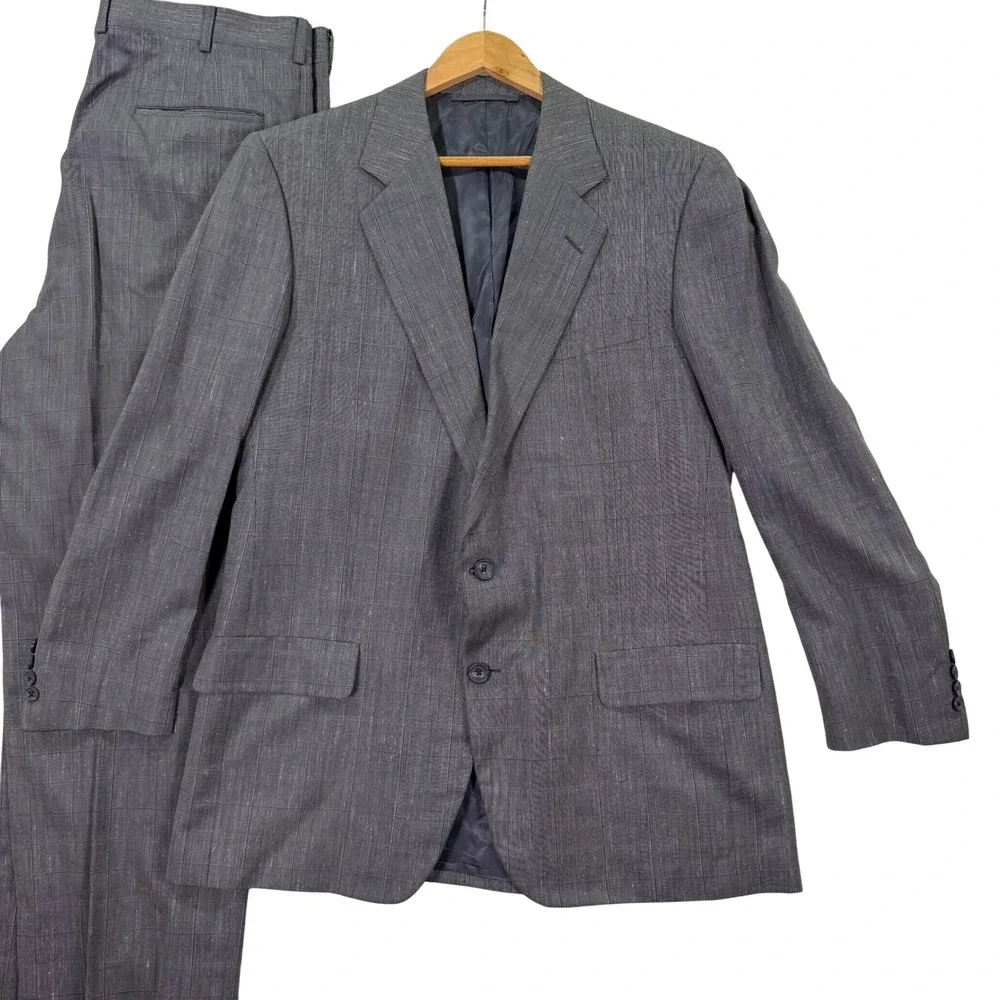 Vintage Hickey Freeman Mens 42R Bespoke Suit Gray Plaid Wool Silk Pants 36x30